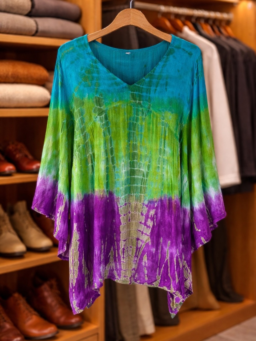 Greater Good Tie Dye Tunic Top L/XL Boho V Neck Flowing Viscose